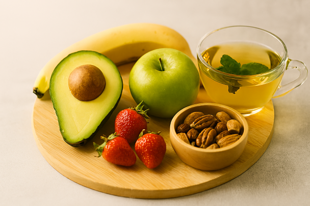Aliments naturels anti-stress comme fruits, noix, thé vert