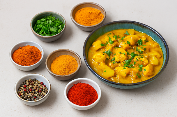 Épices colorées disposées autour d’un plat cuisiné
