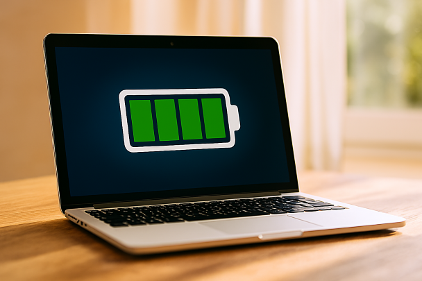 Ordinateur portable sur une table avec icône de batterie pleine à l’écran