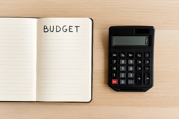Carnet de budget et calculatrice sur une table