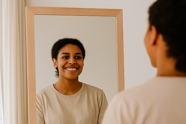 Personne debout face au miroir, souriante et confiante