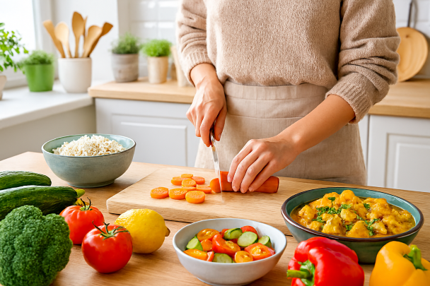 Personne préparant un repas sain dans une cuisine lumineuse