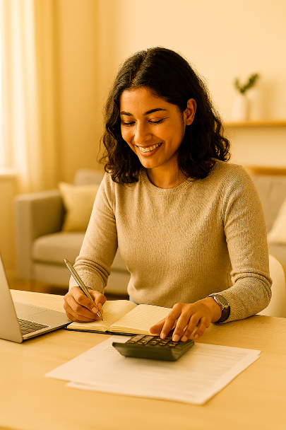 Femme souriante calculant ses dépenses