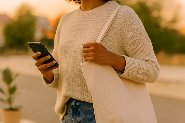 Personne préparant son déplacement en ville avec un smartphone et un sac léger