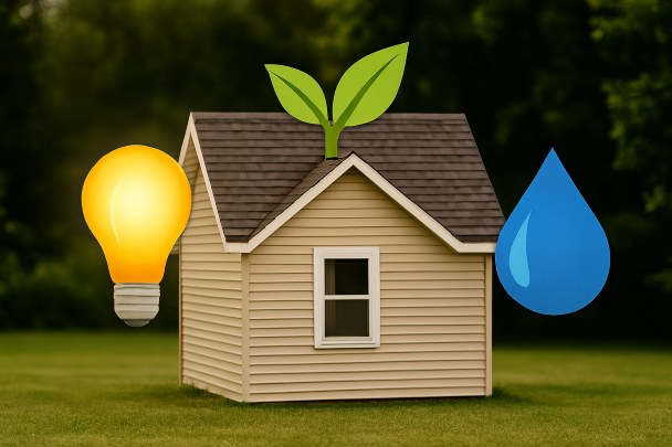 Maison éco-responsable avec ampoule et goutte d’eau symboliques