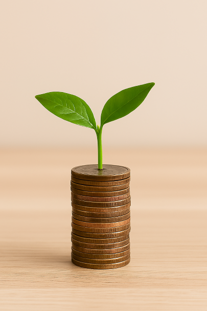Pièces de monnaie empilées avec une plante qui pousse dessus