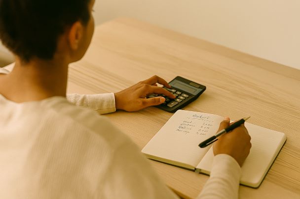 Une personne organisant son budget avec un carnet et une calculatrice