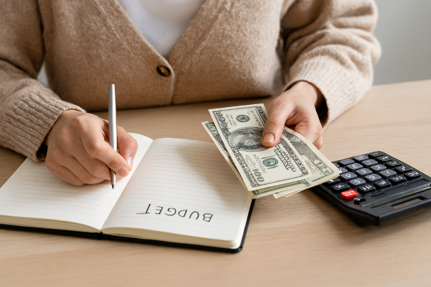 Personne comptant son argent avec un carnet de budget