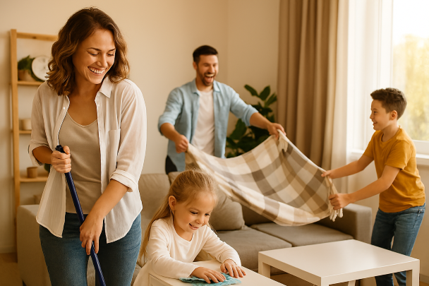 Famille rangeant ensemble dans la bonne humeur