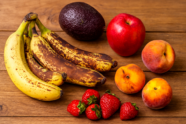 Fruits mûrs et trop mûrs posés sur une table en bois