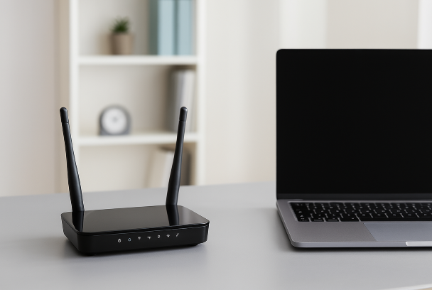 Tech5 Routeur et ordinateur portable sur un bureau moderne