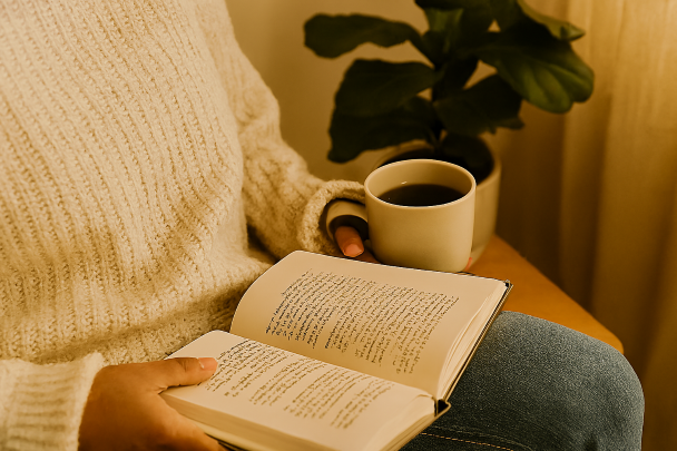 Personne lisant un livre tranquillement avec une tasse de café
