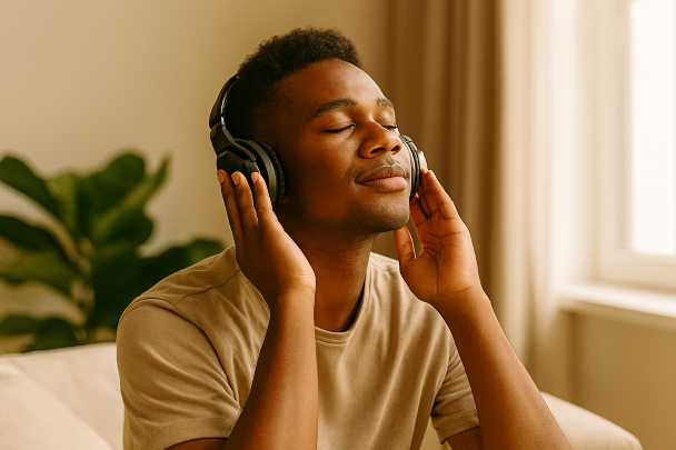 Personne écoutant de la musique avec un casque, dans un moment apaisant