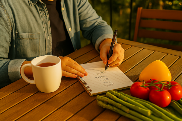 Personne planifiant ses repas de la semaine sur un carnet