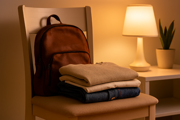 Vêtements et sac préparés la veille sur une chaise