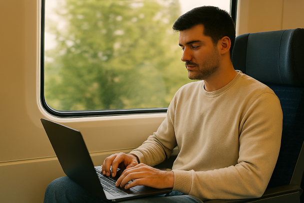Personne travaillant sur un ordinateur portable en déplacement