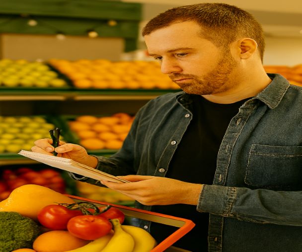 Client vérifiant sa liste de courses dans un supermarché