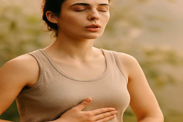 Exercice de respiration abdominale, main sur le ventre