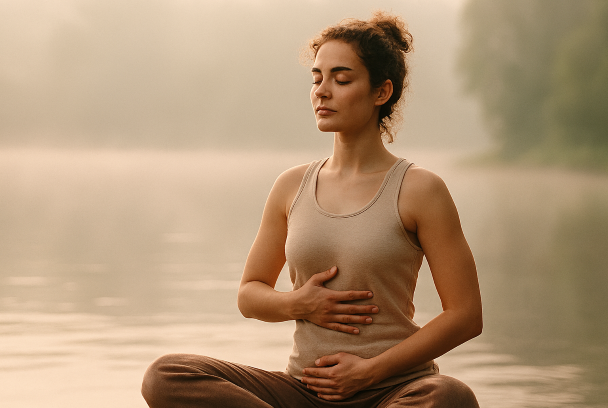 Personne pratiquant la respiration consciente dans un cadre apaisant