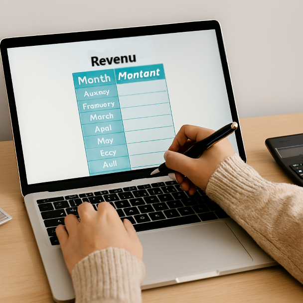 Personne remplissant un tableau de revenus sur ordinateur