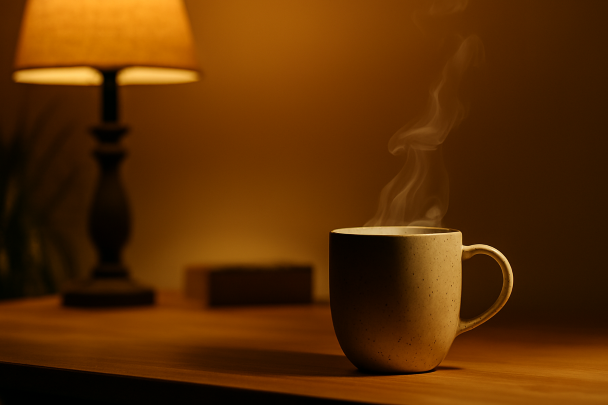 Ambiance calme en soirée avec lumière tamisée et tasse de thé