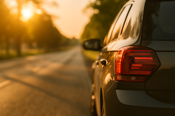 Voiture sur une route ensoleillée prête pour un road trip