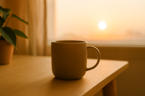 Tasse de café au lever du soleil sur une table apaisante