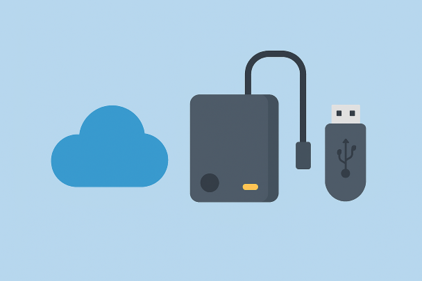 Illustration montrant un cloud, un disque dur externe et une clé USB côte à côte
