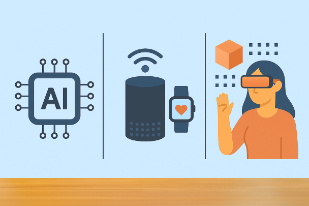 Un collage moderne représentant l'intelligence artificielle, les objets connectés et la réalité augmentée