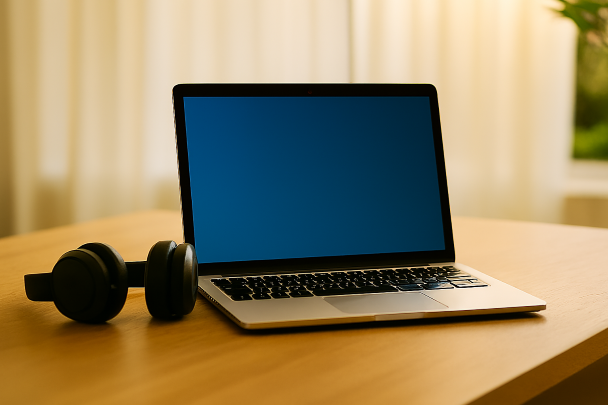 Espace de travail moderne avec ordinateur portable et casque audio